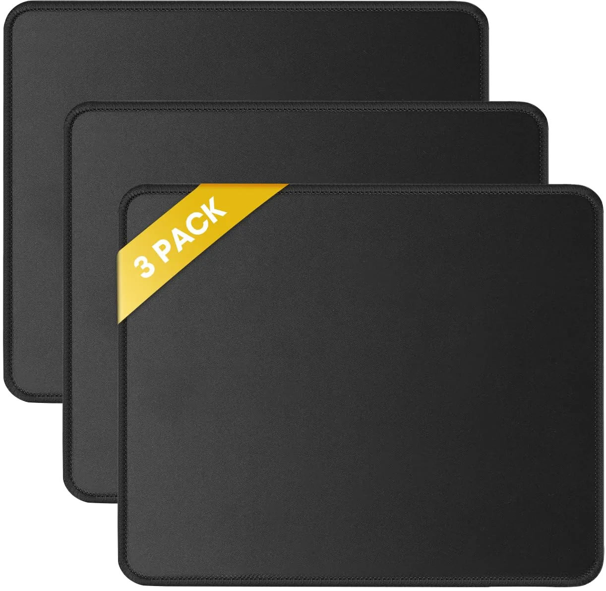 JIKIOU Black 3 Pack Mouse Pad with Stitched Edge, Comfortable Cloth Surface, Non-Slip Rubber Base (10.2x8.3inch) - main product image