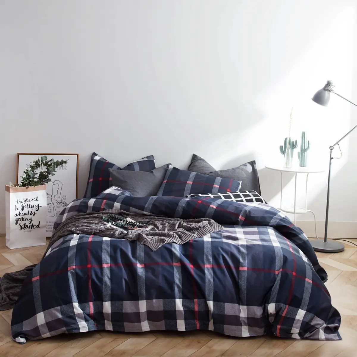 SUSYBAO Plaid Duvet Cover Queen 100% Cotton Navy Blue | Soft Checkered Gingham Bedding - main product image