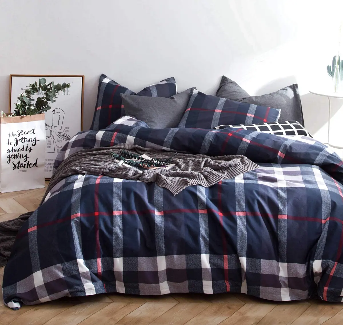 SUSYBAO Plaid Duvet Cover Queen 100% Cotton Navy Blue | Soft Checkered Gingham Bedding - view 2