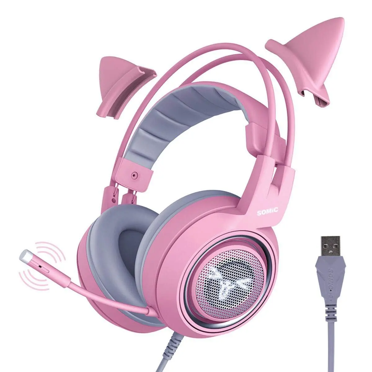 SOMIC G951PINK Gaming Headset for PC, PS4, PS5 | 7.1 Virtual Surround, Noise Cancelling, LED Light, Cat Ear Design (Pink, USB) - main product image