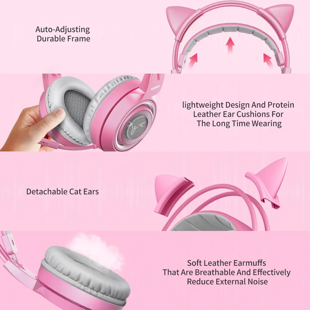 SOMIC G951PINK Gaming Headset for PC, PS4, PS5 | 7.1 Virtual Surround, Noise Cancelling, LED Light, Cat Ear Design (Pink, USB) - view 5