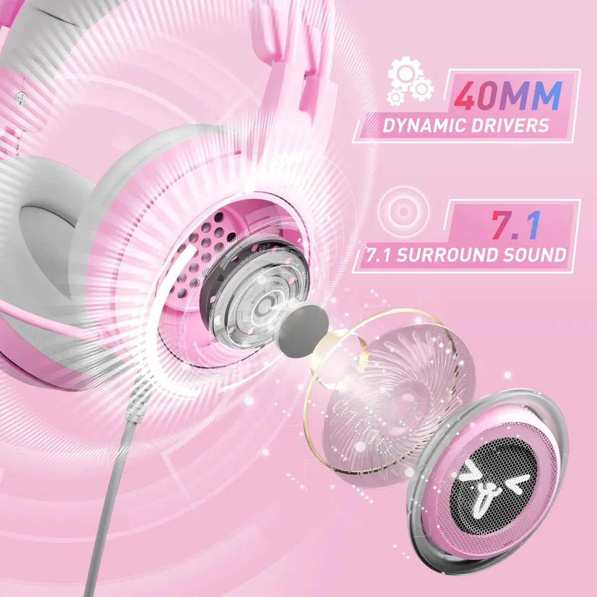 SOMIC G951PINK Gaming Headset for PC, PS4, PS5 | 7.1 Virtual Surround, Noise Cancelling, LED Light, Cat Ear Design (Pink, USB) - view 7