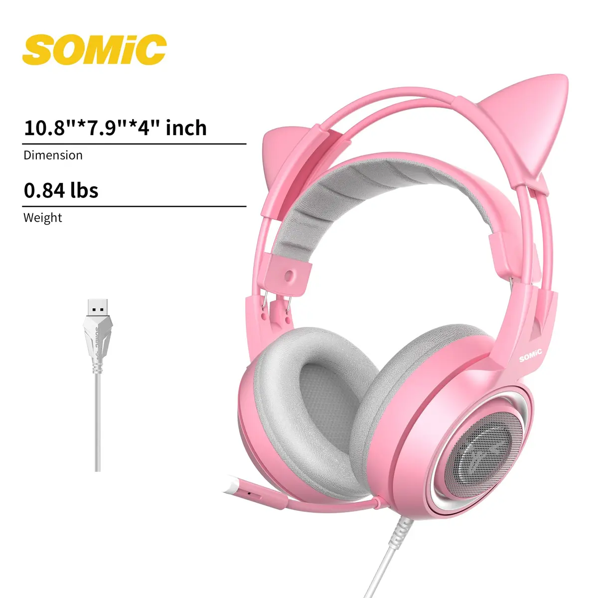 SOMIC G951PINK Gaming Headset for PC, PS4, PS5 | 7.1 Virtual Surround, Noise Cancelling, LED Light, Cat Ear Design (Pink, USB) - view 8
