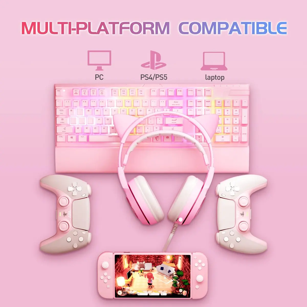 SOMIC G951PINK Gaming Headset for PC, PS4, PS5 | 7.1 Virtual Surround, Noise Cancelling, LED Light, Cat Ear Design (Pink, USB) - view 3