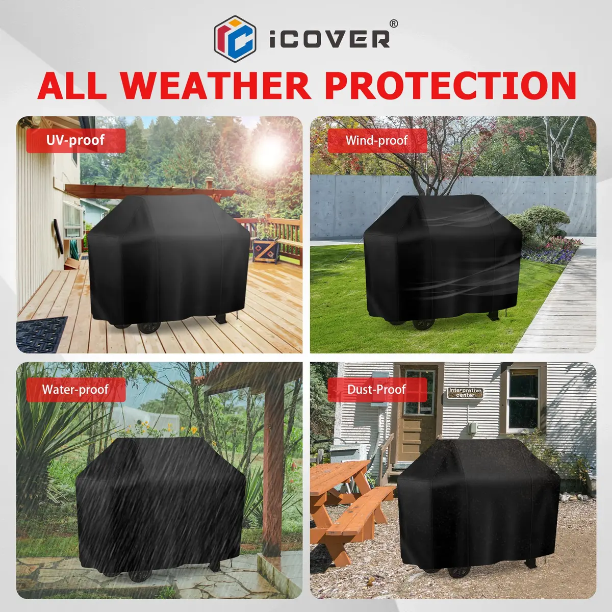 iCOVER 55 Inch Grill Cover, Black | Waterproof, UV-Resistant, Windproof BBQ Cover for Outdoor Grills - view 7