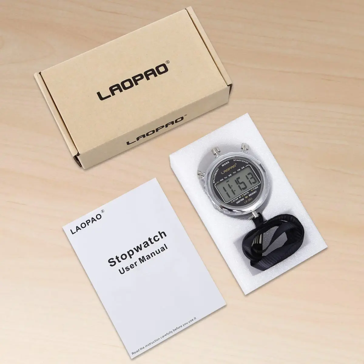 LAOPAO XJ-203 Digital Stopwatch Timer with Date & Alarm | 1/100th Second Precision, Stainless Steel Case, Daily Water Resistant (91g) - view 6