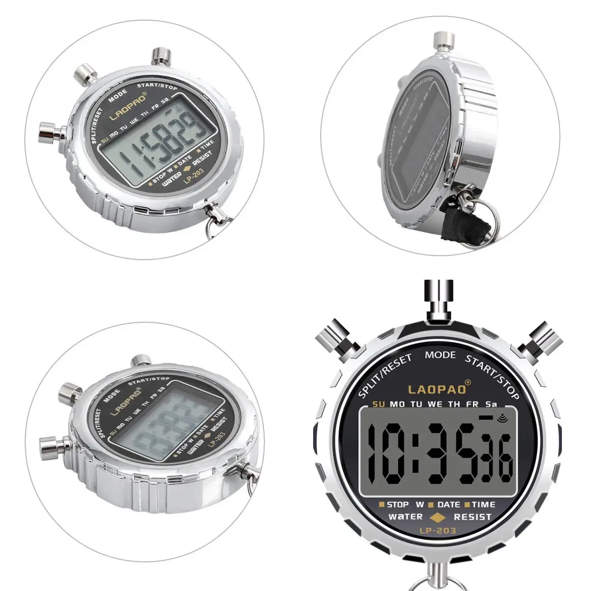 LAOPAO XJ-203 Digital Stopwatch Timer with Date & Alarm | 1/100th Second Precision, Stainless Steel Case, Daily Water Resistant (91g) - view 3