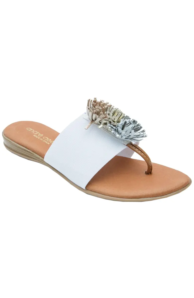 André Assous Novalee Flat, White/Metal, 8 | Leather Slip-On Sandal with Fringe Accent - main product image