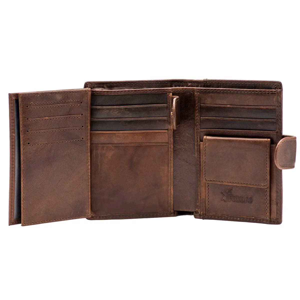 POKOFO Large RFID Genuine Leather Trifold Wallet with Snap Closure & 14 Card Slots | Coffee Color - main product image