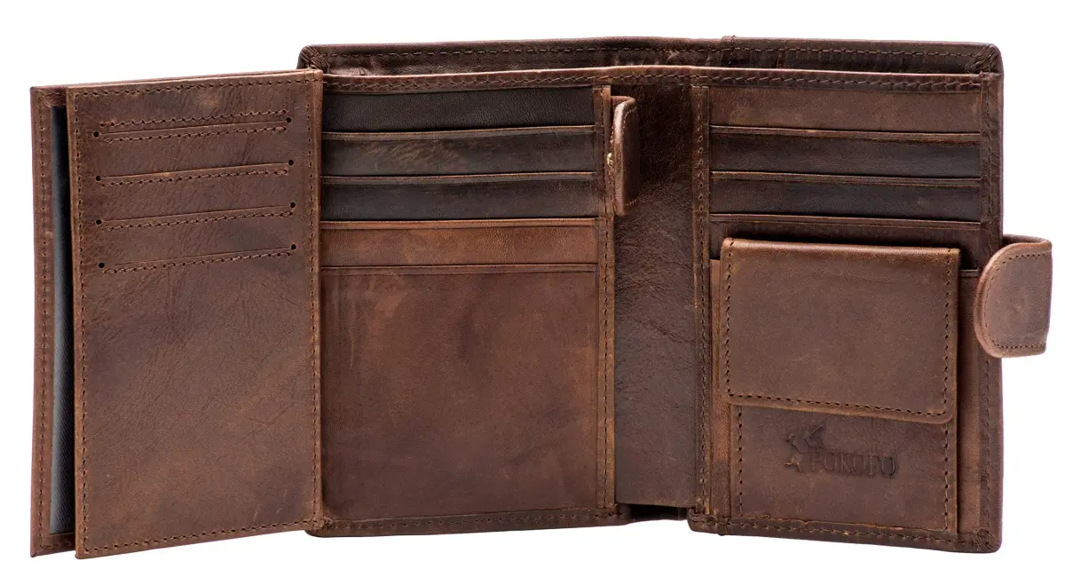 POKOFO Large RFID Genuine Leather Trifold Wallet with Snap Closure & 14 Card Slots | Coffee Color - main product image