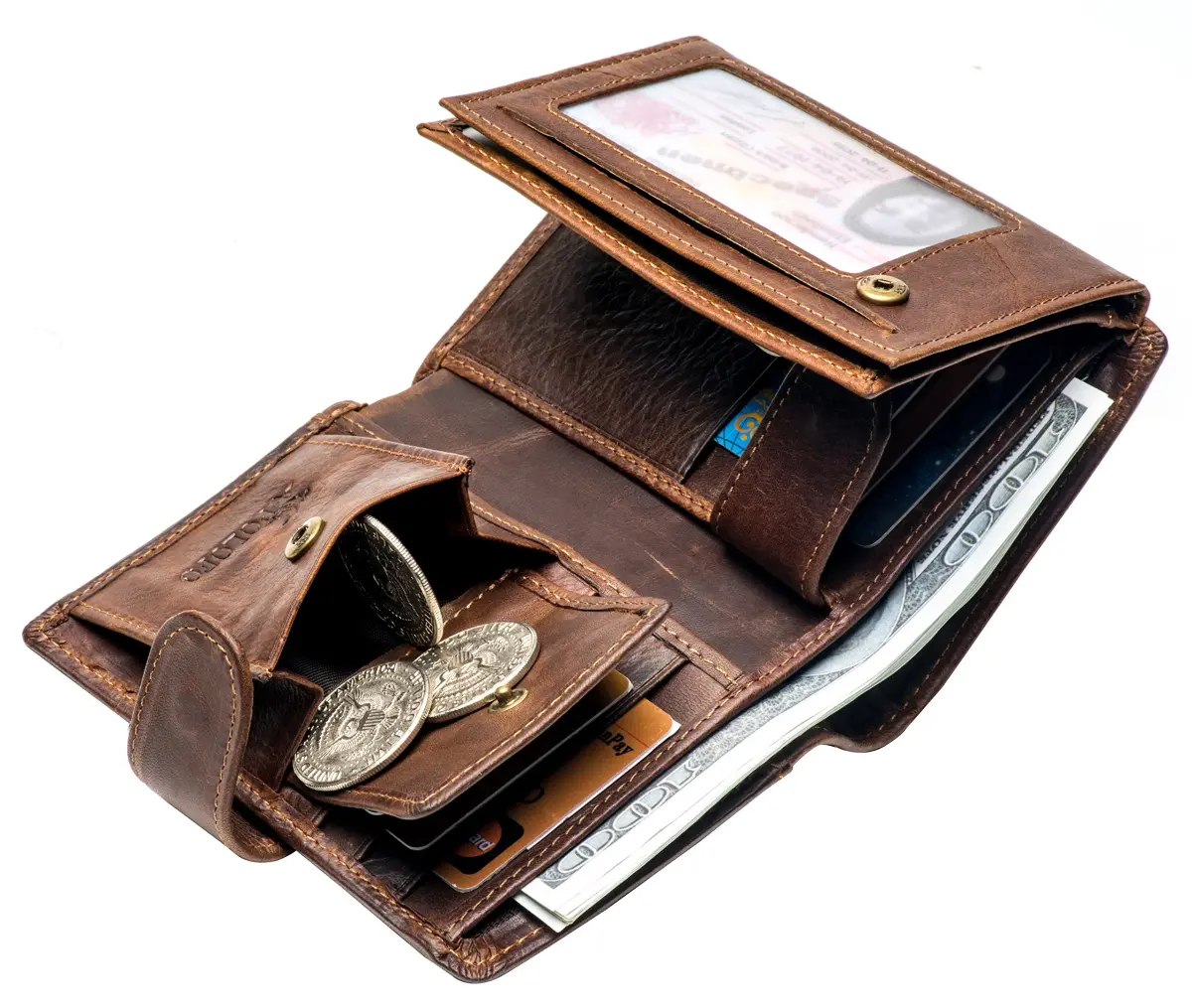 POKOFO Large RFID Genuine Leather Trifold Wallet with Snap Closure & 14 Card Slots | Coffee Color - view 5