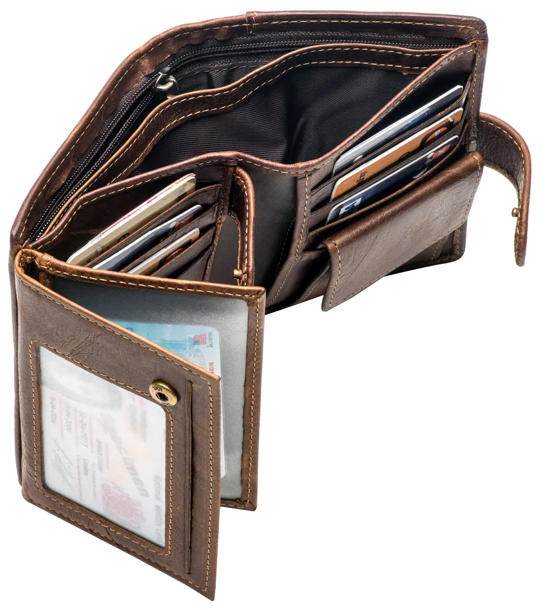 POKOFO Large RFID Genuine Leather Trifold Wallet with Snap Closure & 14 Card Slots | Coffee Color - view 6