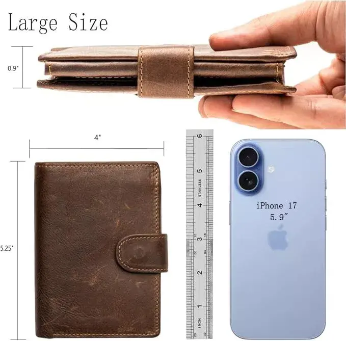 POKOFO Large RFID Genuine Leather Trifold Wallet with Snap Closure & 14 Card Slots | Coffee Color - view 2