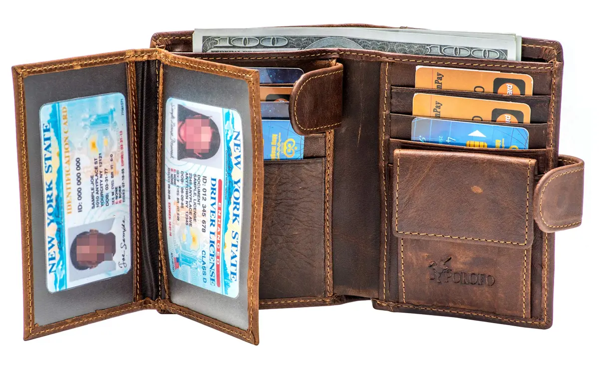 POKOFO Large RFID Genuine Leather Trifold Wallet with Snap Closure & 14 Card Slots | Coffee Color - view 3