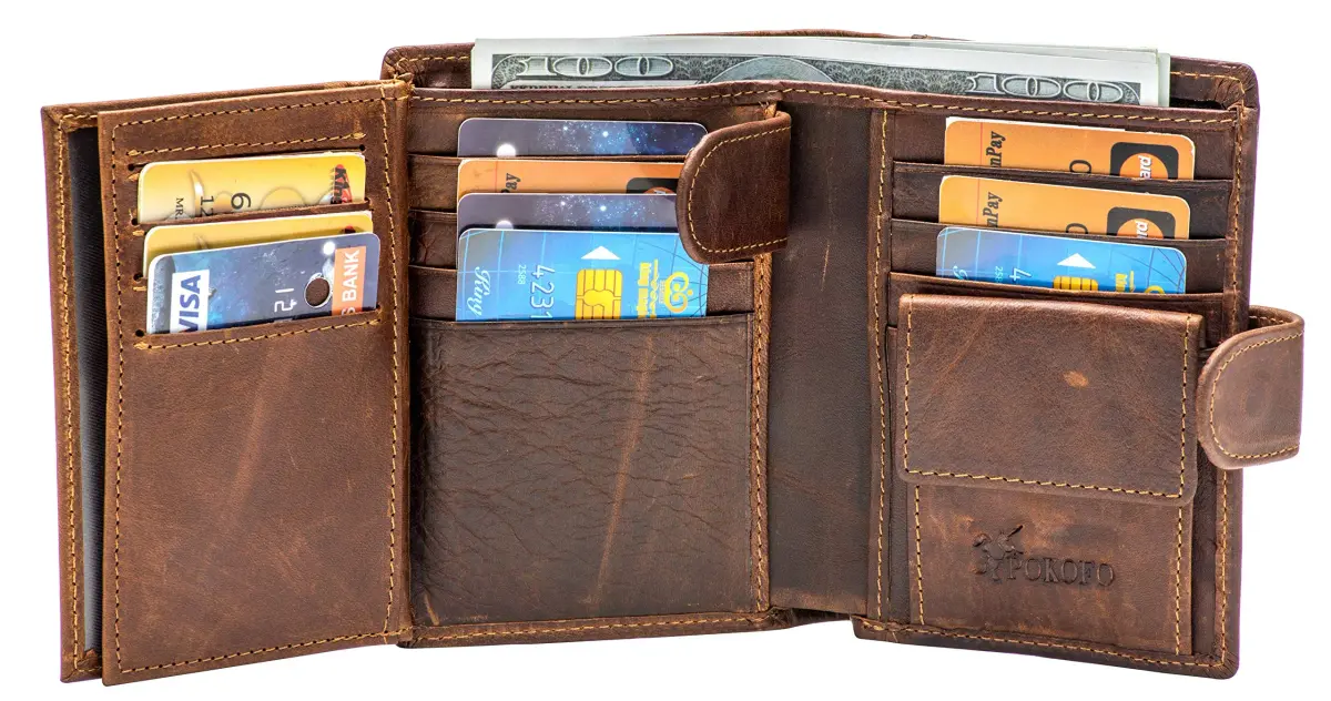 POKOFO Large RFID Genuine Leather Trifold Wallet with Snap Closure & 14 Card Slots | Coffee Color - view 4