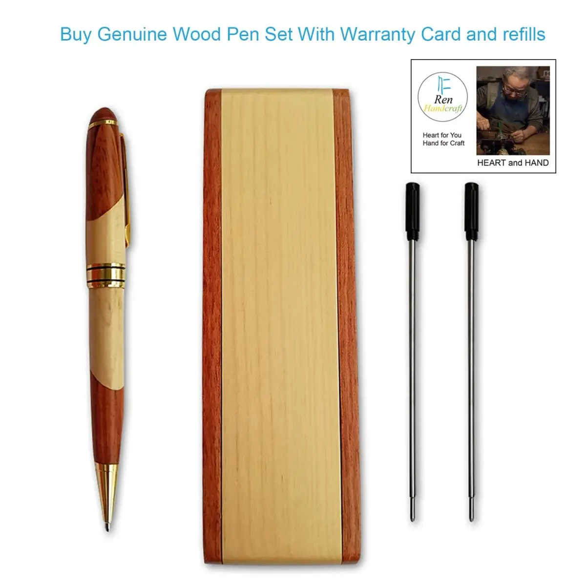 Renawe Luxury Wood Ballpoint Pen Set with Gift Box 5 Black Ink | Smooth Ink Flow - view 3