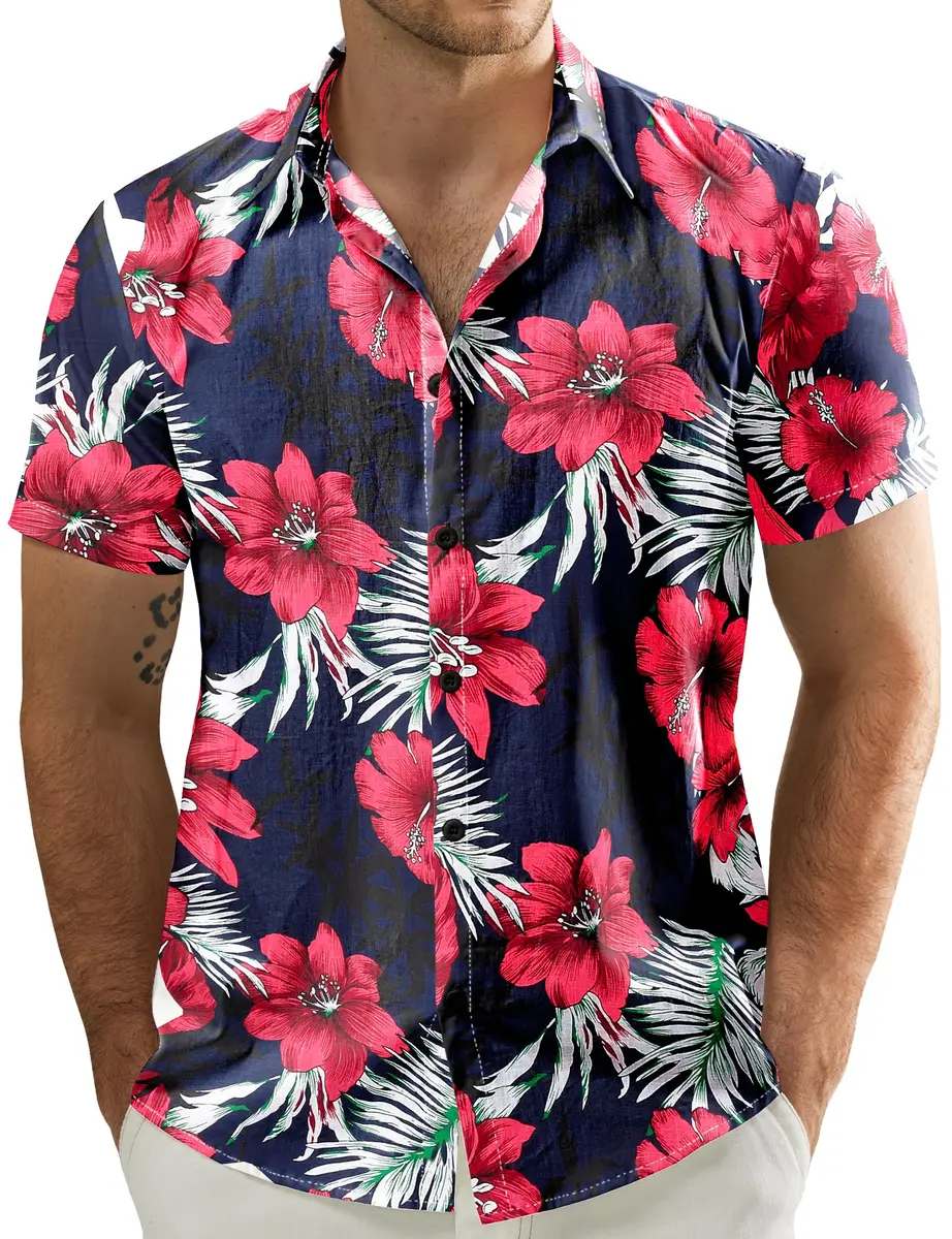JOGAL Men's Hawaiian Shirt Short Sleeve Button Down Navy 3XL | Summer Casual Fit - main product image