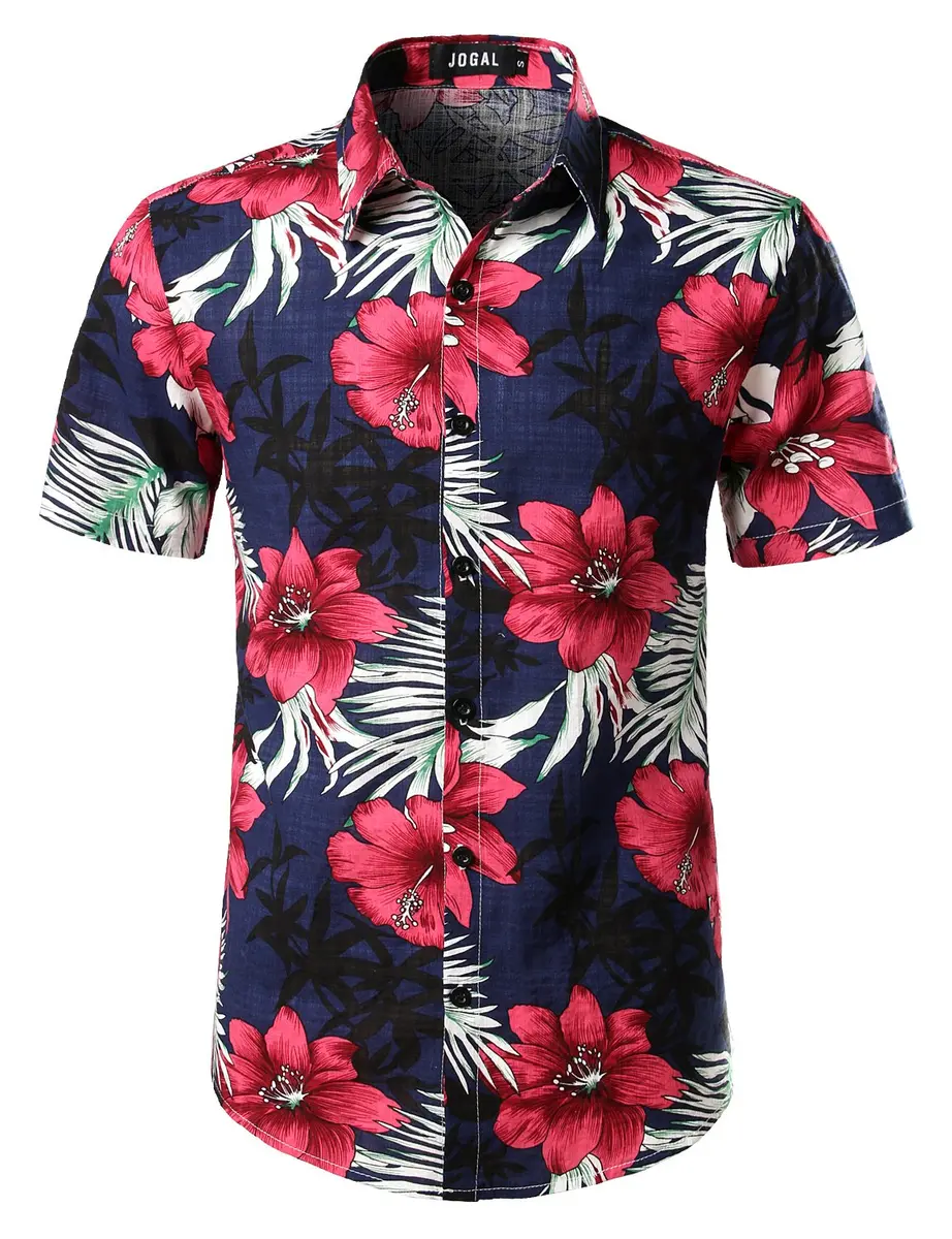 JOGAL Men's Hawaiian Shirt Short Sleeve Button Down Navy 3XL | Summer Casual Fit - view 3