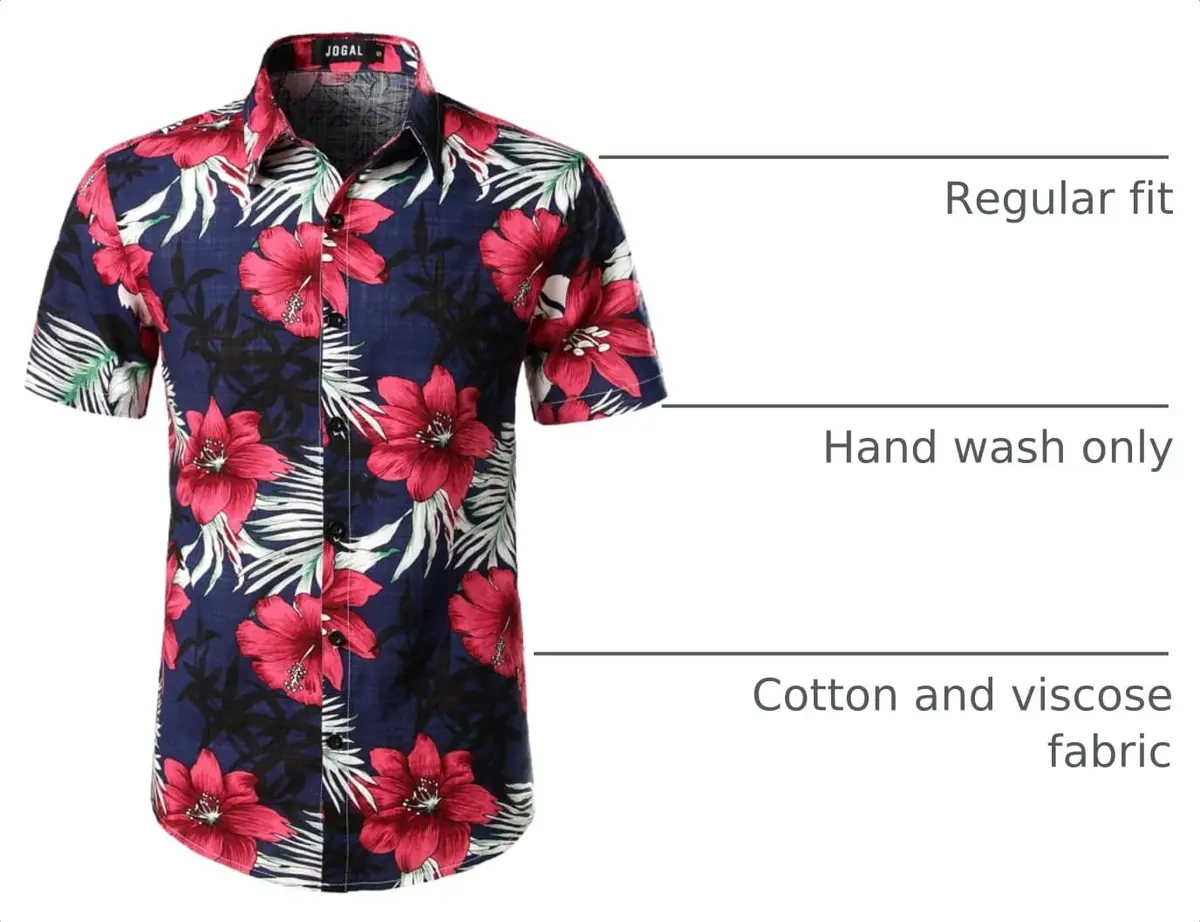 JOGAL Men's Hawaiian Shirt Short Sleeve Button Down Navy 3XL | Summer Casual Fit - view 4