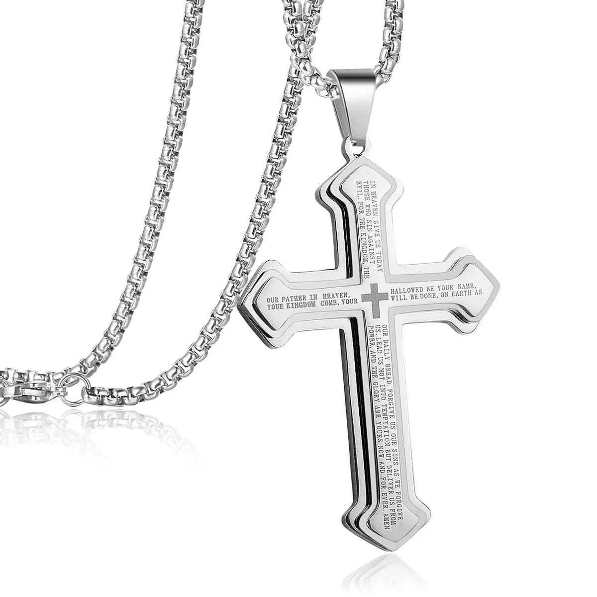 Rehoboth Men's Stainless Steel Nail Lord's Prayer Cross Pendant Necklace 24 Inch | Big Pendant & Strong Chain - main product image