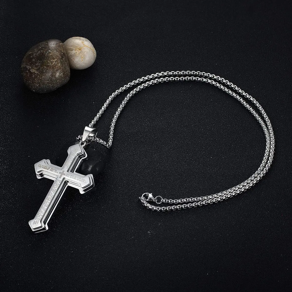 Rehoboth Men's Stainless Steel Nail Lord's Prayer Cross Pendant Necklace 24 Inch | Big Pendant & Strong Chain - view 3