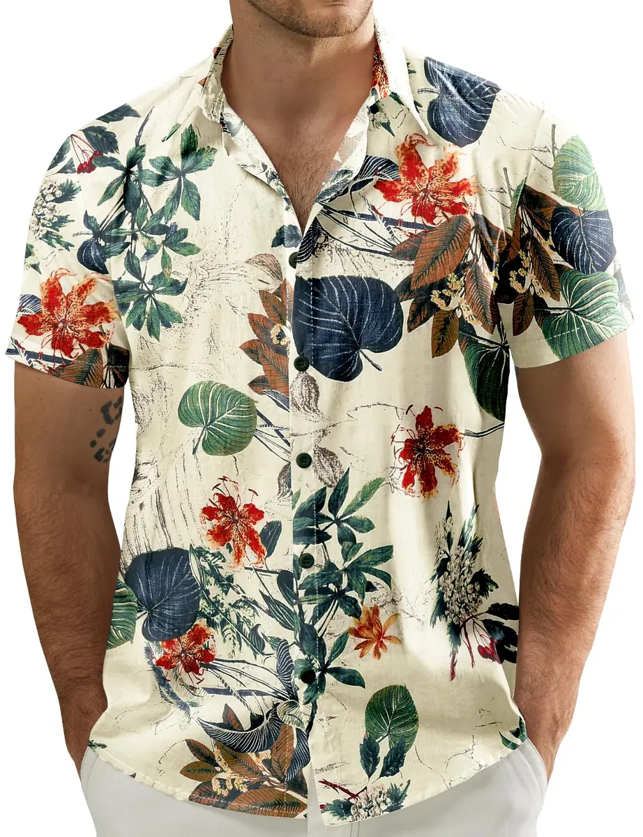 JOGAL Men's Hawaiian Shirt Short Sleeve Button-Down White Large | Summer Casual Comfort - main product image