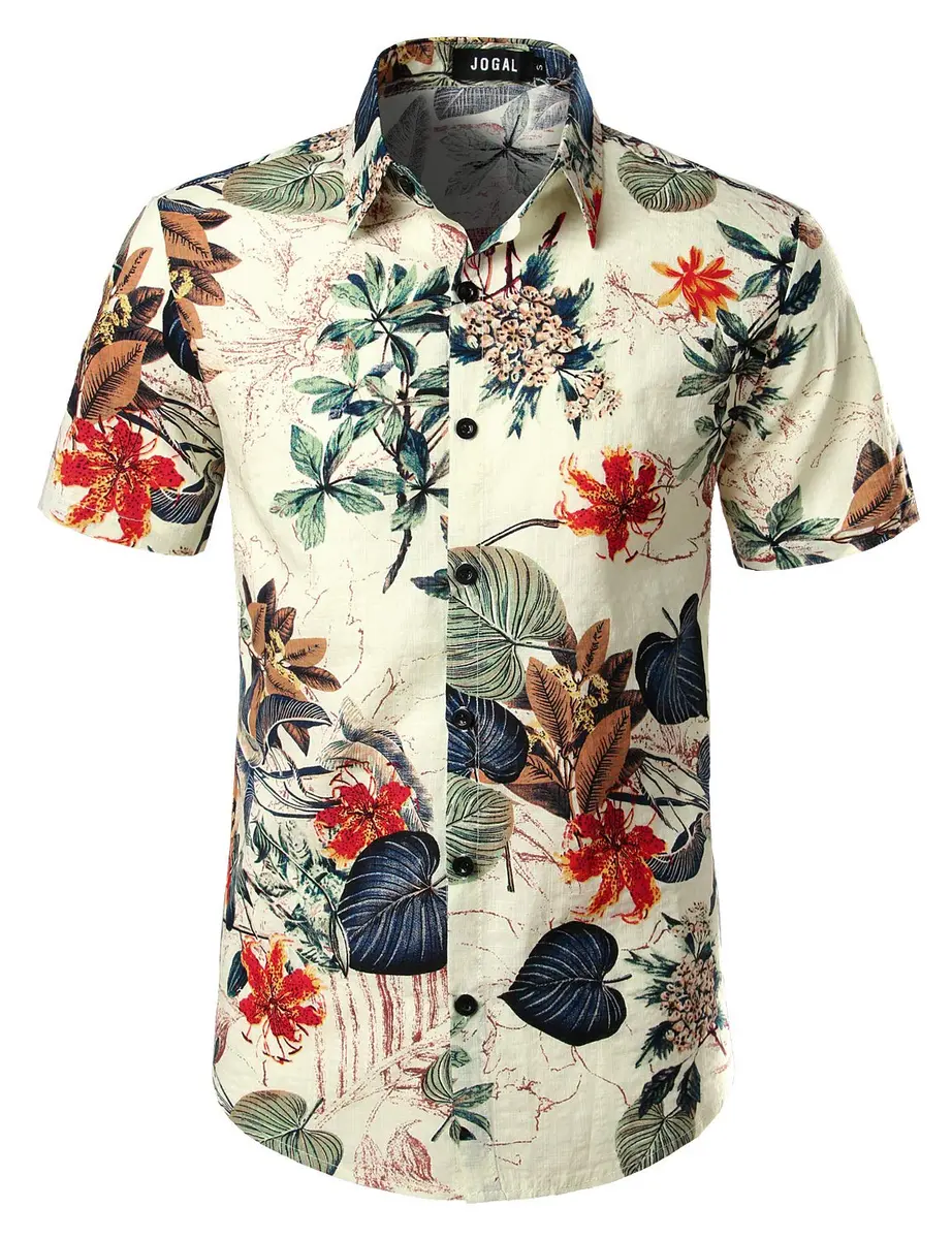 JOGAL Men's Hawaiian Shirt Short Sleeve Button-Down White Large | Summer Casual Comfort - view 3