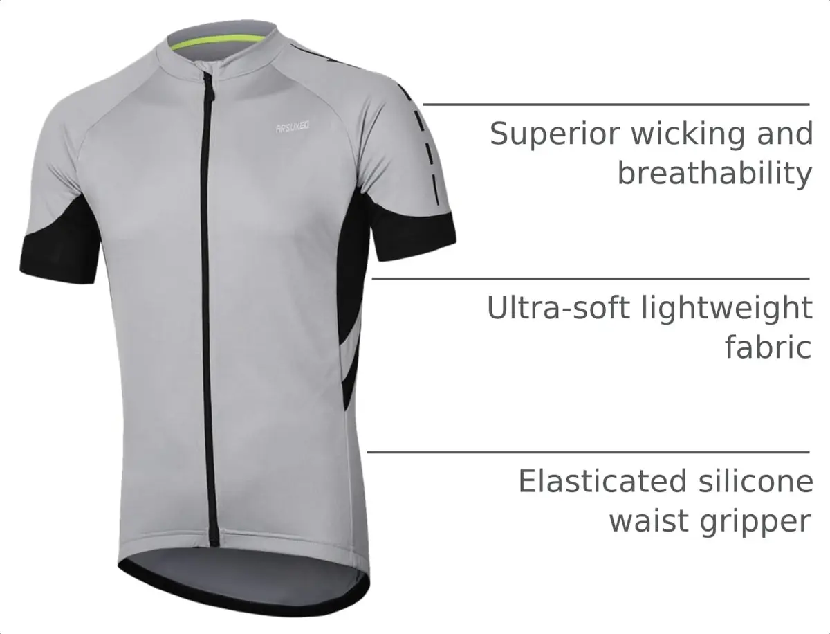 ARSUXEO Men's Short Sleeves Cycling Jersey Bicycle MTB Bike Shirt 636 Light Gray XXL | Breathable, Quick Dry Fit - view 4