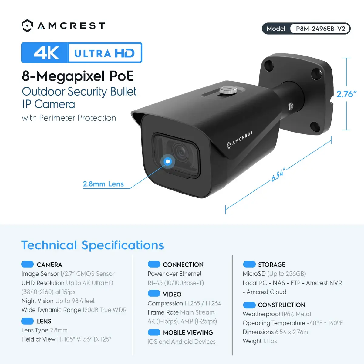 Amcrest UltraHD 4K Outdoor Bullet Security IP POE Camera, 98ft NightVision, 2.8mm Lens, IP67 Weatherproof, 256GB MicroSD Recording, Black (IP8M-2496EB-V2) - view 6