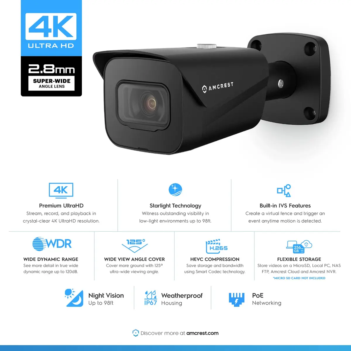 Amcrest UltraHD 4K Outdoor Bullet Security IP POE Camera, 98ft NightVision, 2.8mm Lens, IP67 Weatherproof, 256GB MicroSD Recording, Black (IP8M-2496EB-V2) - view 2