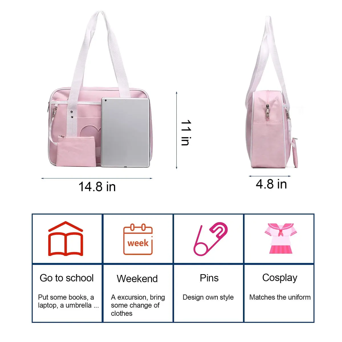 STEAMEDBUN Kawaii Ita Bag Japanese School Bag Large Tote with Clear Heart Window | 37.6cm (14.8 inch) Length - view 4