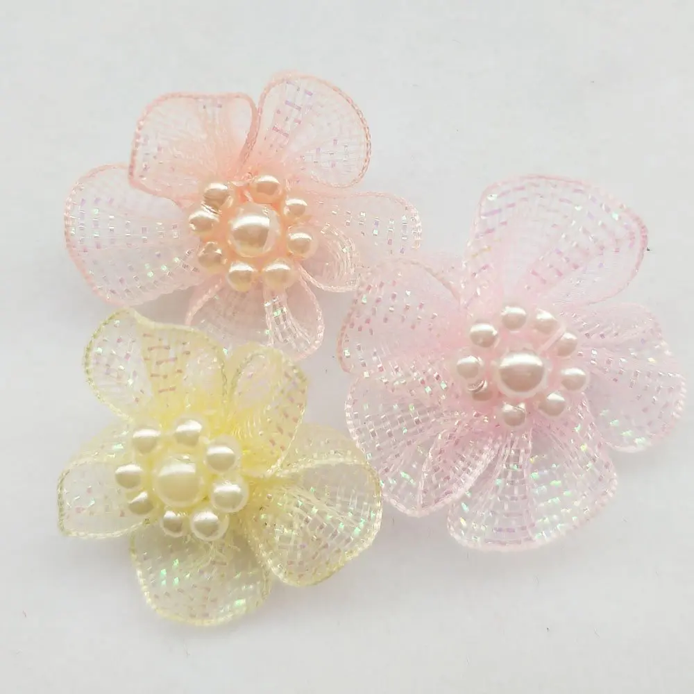 Chenkou Craft 40pcs 28mm Organza Ribbon Flowers with Beads Appliques | Wedding Craft Embellishments - view 2