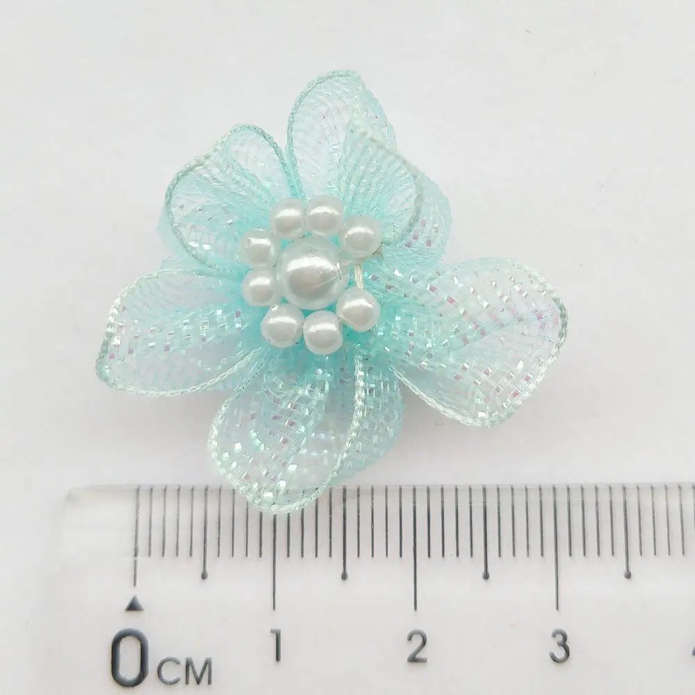Chenkou Craft 40pcs 28mm Organza Ribbon Flowers with Beads Appliques | Wedding Craft Embellishments - view 4