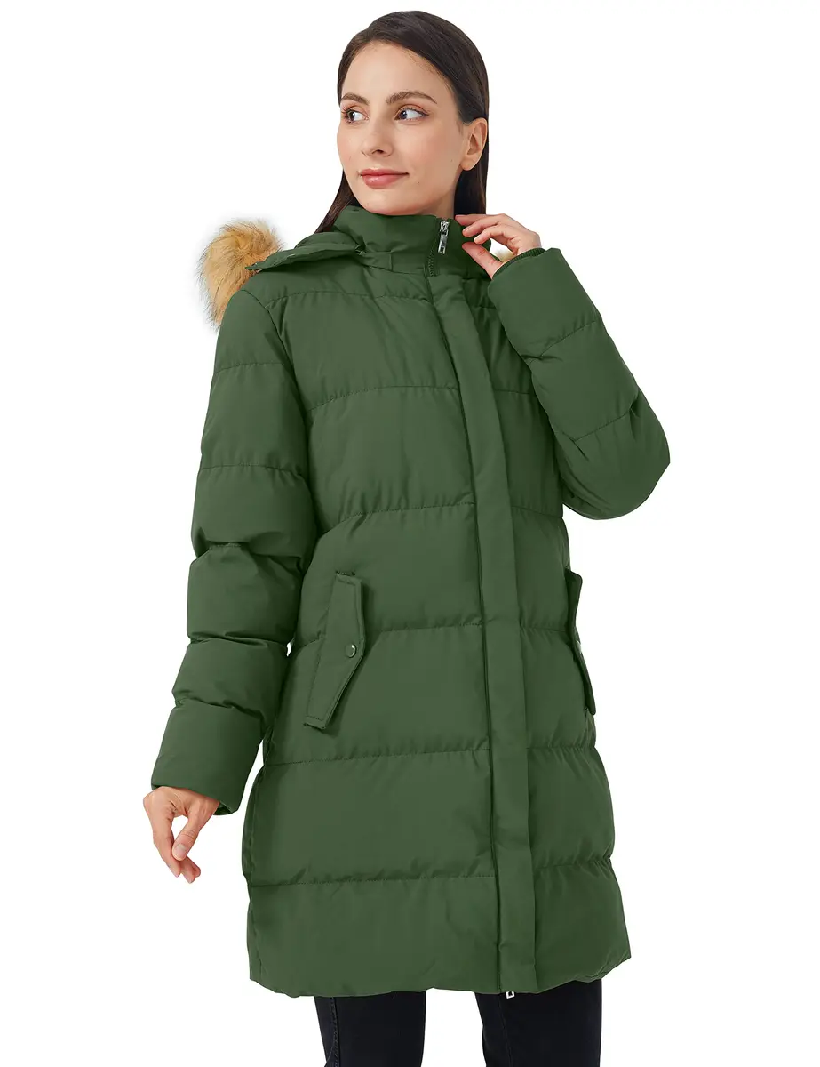 WenVen Women's Winter Thicken Puffer Coat with Fur Removable Hood Army Green M | Waterproof Windproof Insulation - view 2