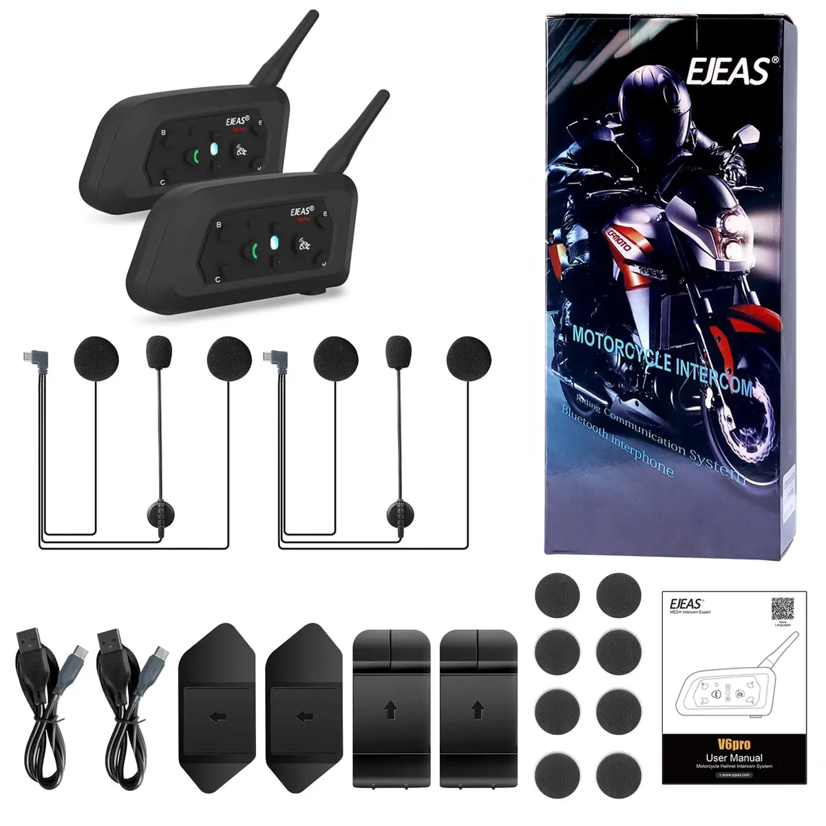 EJEAS V6 Pro Motorcycle Helmet Bluetooth Intercom 1200M 2-Way Headset (2-Pack, Black) - view 7