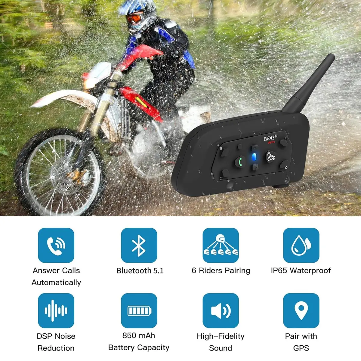 EJEAS V6 Pro Motorcycle Helmet Bluetooth Intercom 1200M 2-Way Headset (2-Pack, Black) - view 2