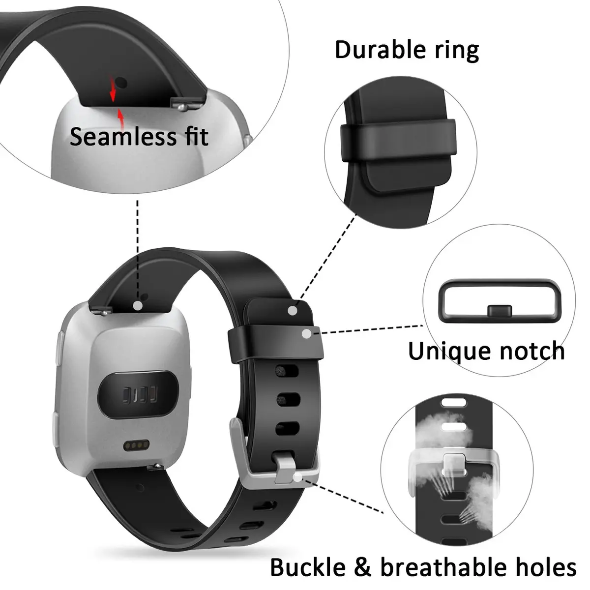 Wepro Sport Bands Compatible with Fitbit Versa 2, Versa Lite, Versa (Large, Black) | Soft Elastomer, Sweat-Resistant, Secure Buckle - view 2