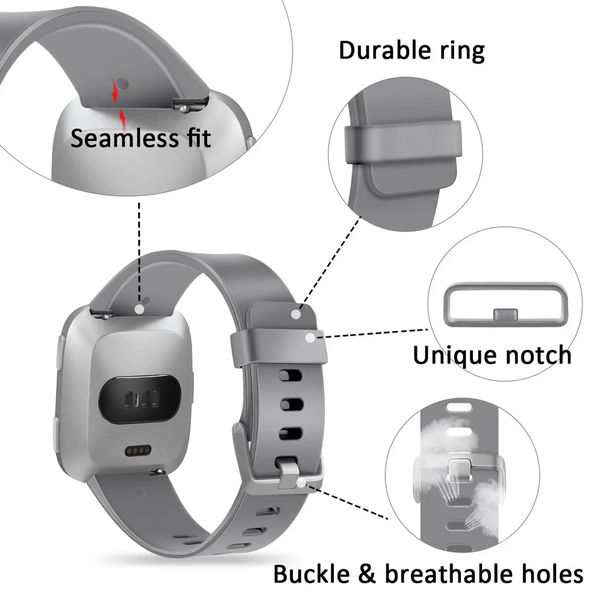Wepro Sport Bands for Fitbit Versa 2, Versa, Lite - Gray Large (22mm) | Breathable Elastomer with Stainless Steel Buckle - view 4