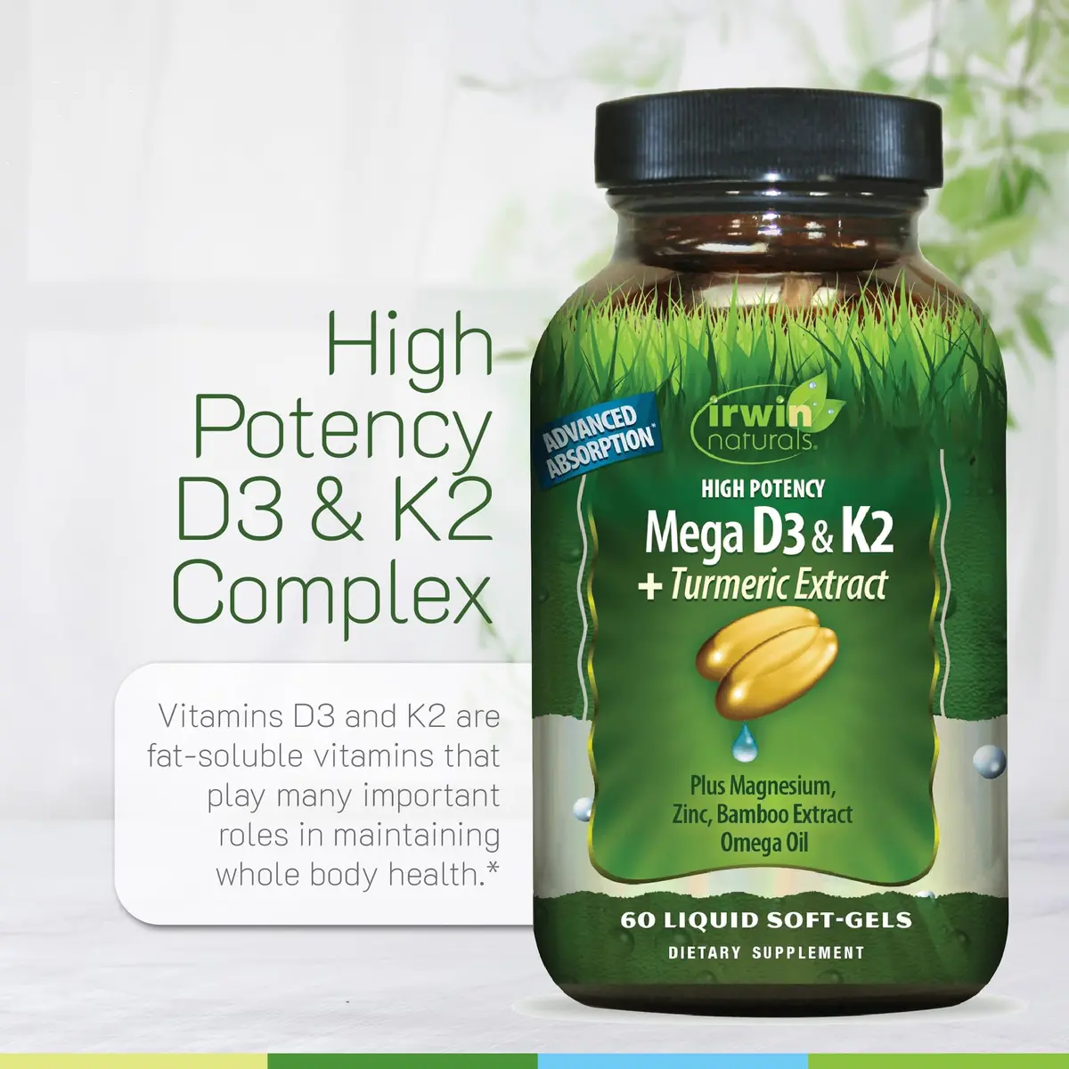 Irwin Naturals Mega D3 & K2 + Turmeric Extract | High Potency | 60 Softgels - view 5