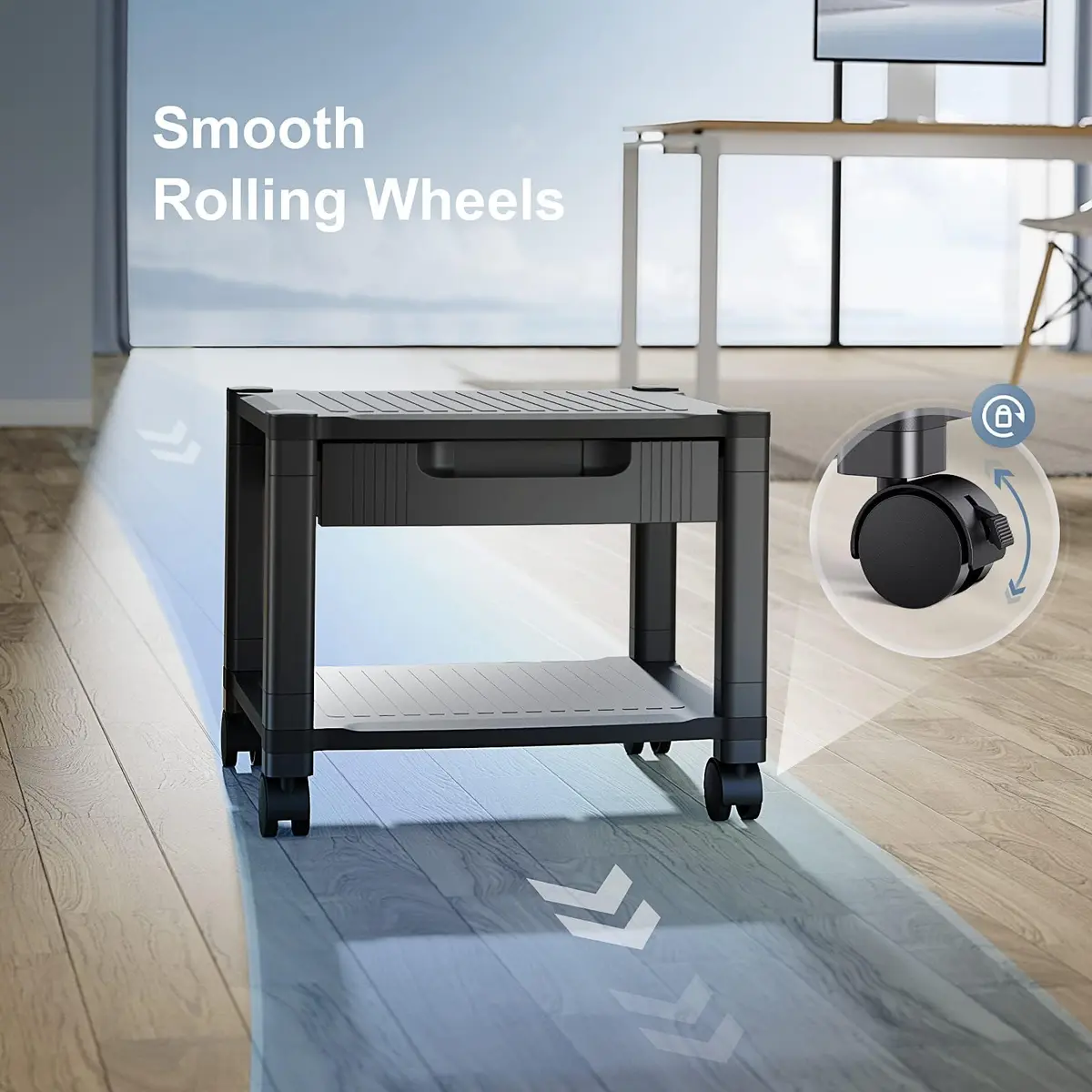 HUANUO Printer Stand with Storage Drawer Locking Wheels Under Desk Cart | Space-Saving Office Organizer - view 5
