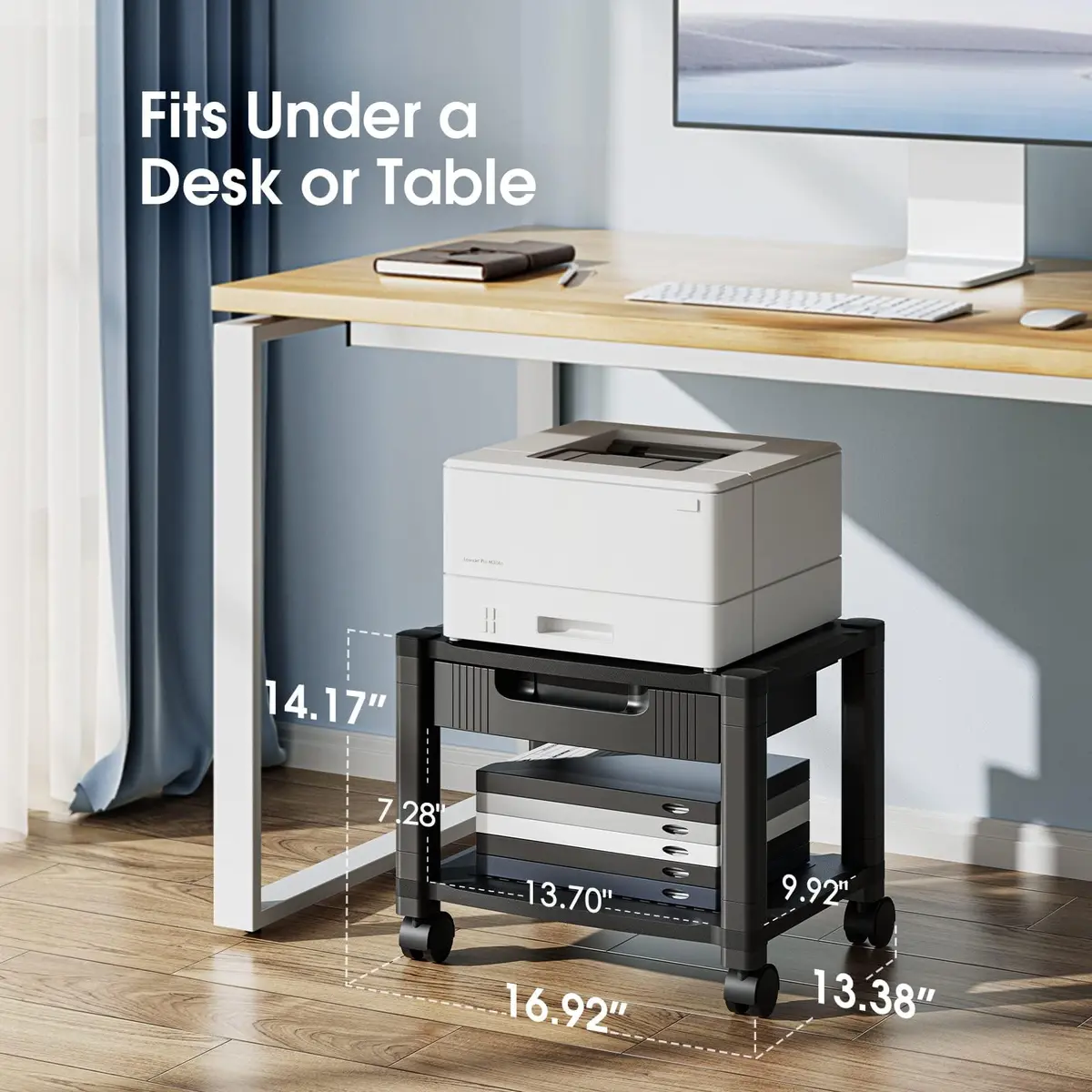 HUANUO Printer Stand with Storage Drawer Locking Wheels Under Desk Cart | Space-Saving Office Organizer - view 2