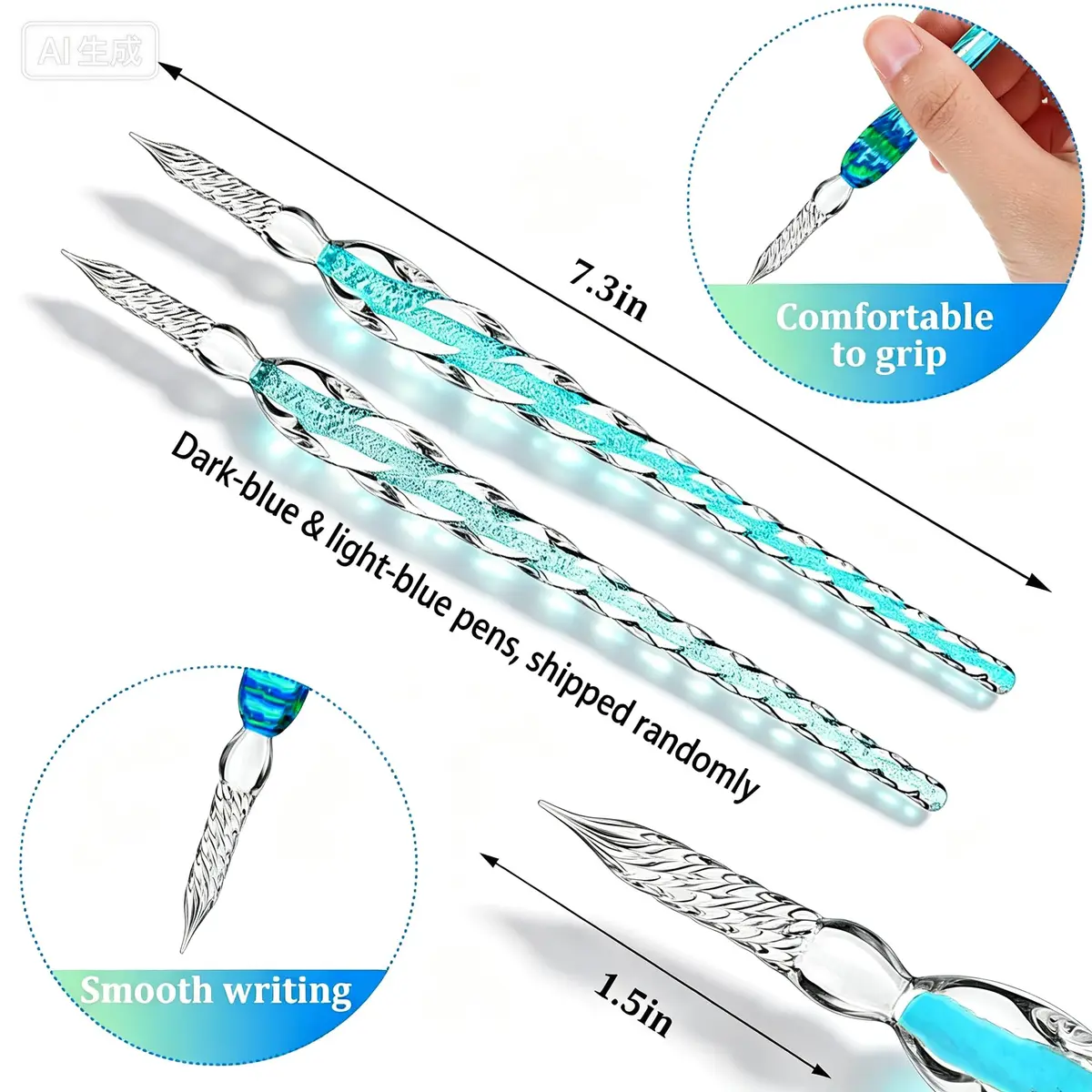 Earlyred Calligraphy Pen Set Handmade Glass Dip Pen Holder Crystal Drip Fountain Pen Writing Signatures Pen Ink Washing Inkwell Pen Decoration Office Student Gift Blue (Not Ink) - view 5