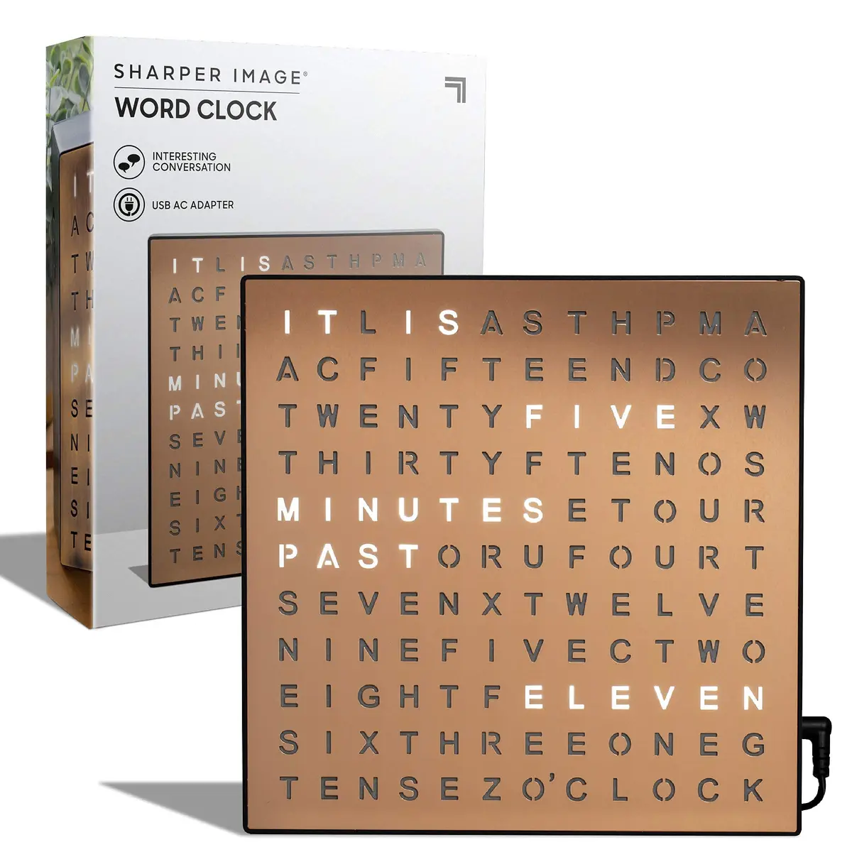 Sharper Image LED Word Clock 7.75" Copper Finish | Modern Time Display with USB Power - main product image