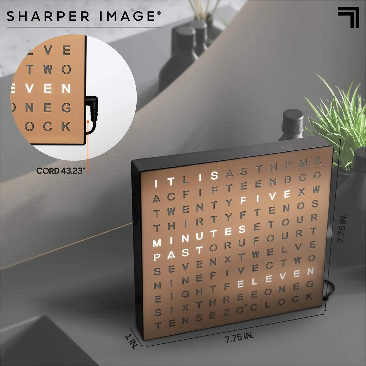 Sharper Image LED Word Clock 7.75" Copper Finish | Modern Time Display with USB Power - view 6