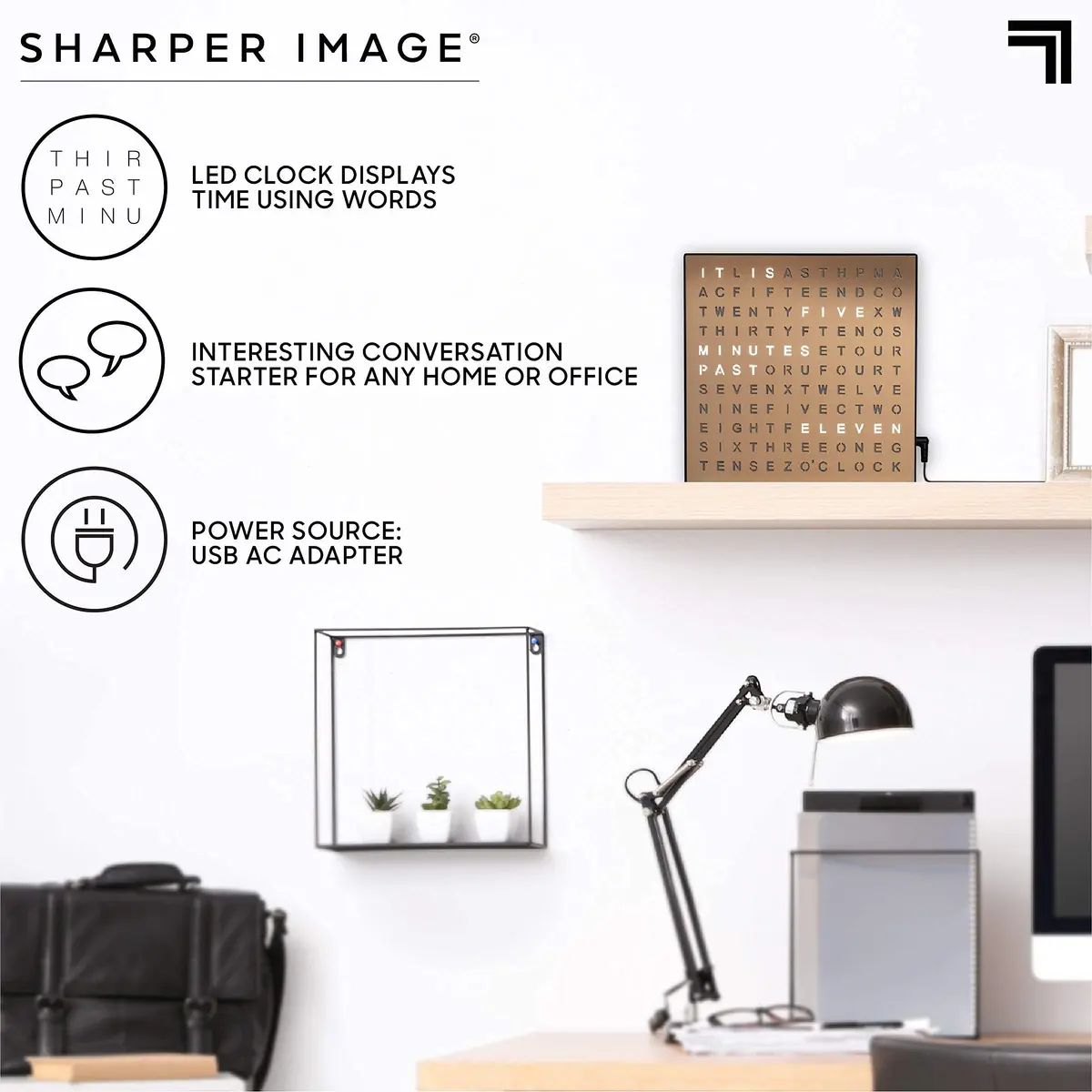 Sharper Image LED Word Clock 7.75" Copper Finish | Modern Time Display with USB Power - view 3