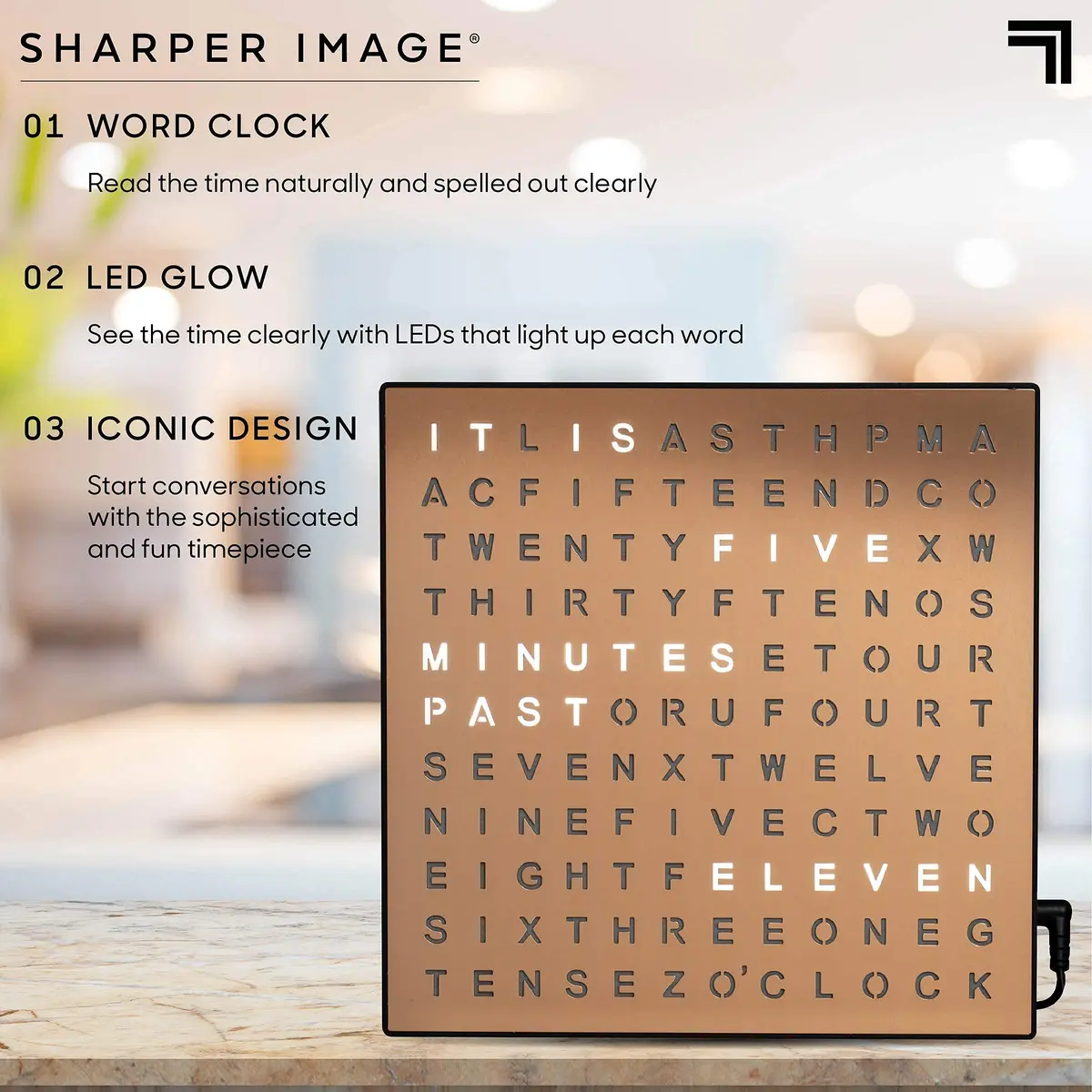 Sharper Image LED Word Clock 7.75" Copper Finish | Modern Time Display with USB Power - view 4