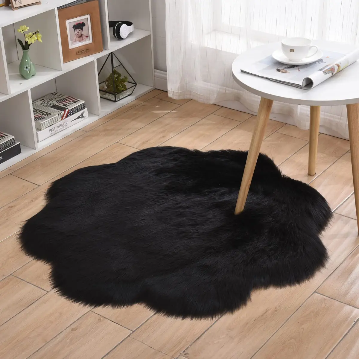 CHITONE Black Sheepskin Wool Faux Fur Area Rug 120 cm (4 ft) Diameter | Soft Shaggy Fluffy Carpet for Bedroom - view 2