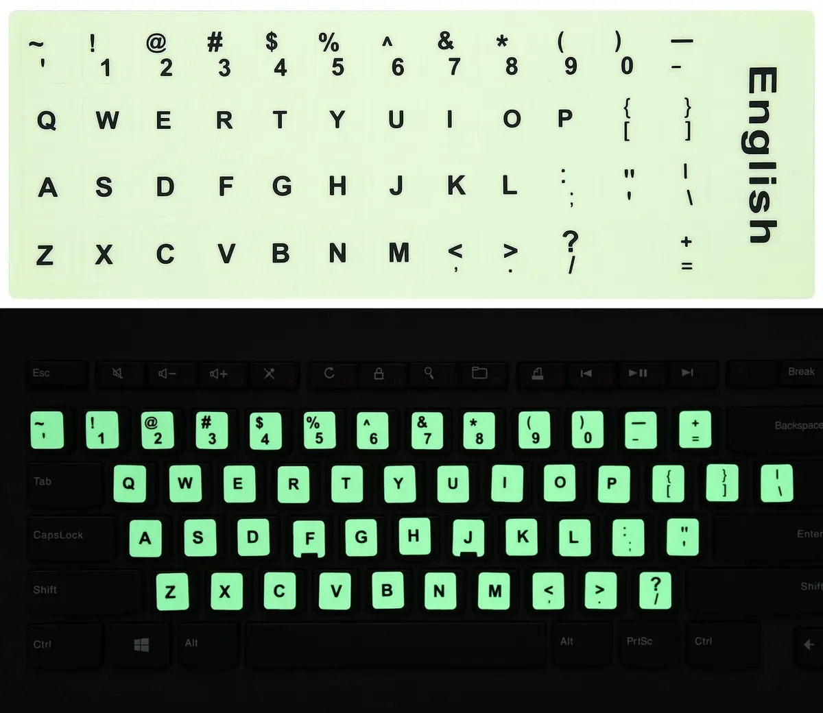 CaseBuy 2PCS Pack Universal English Keyboard Stickers Glow in The Dark | Luminous PVC for Laptops - main product image