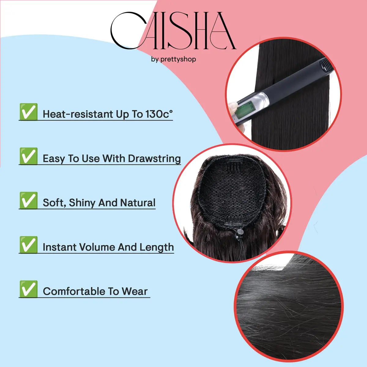 CAISHA 26" Hair Piece Ponytail Drawstring Toggle Chocolate Brown | Heat-Resistant Synthetic Hair Extension - view 4