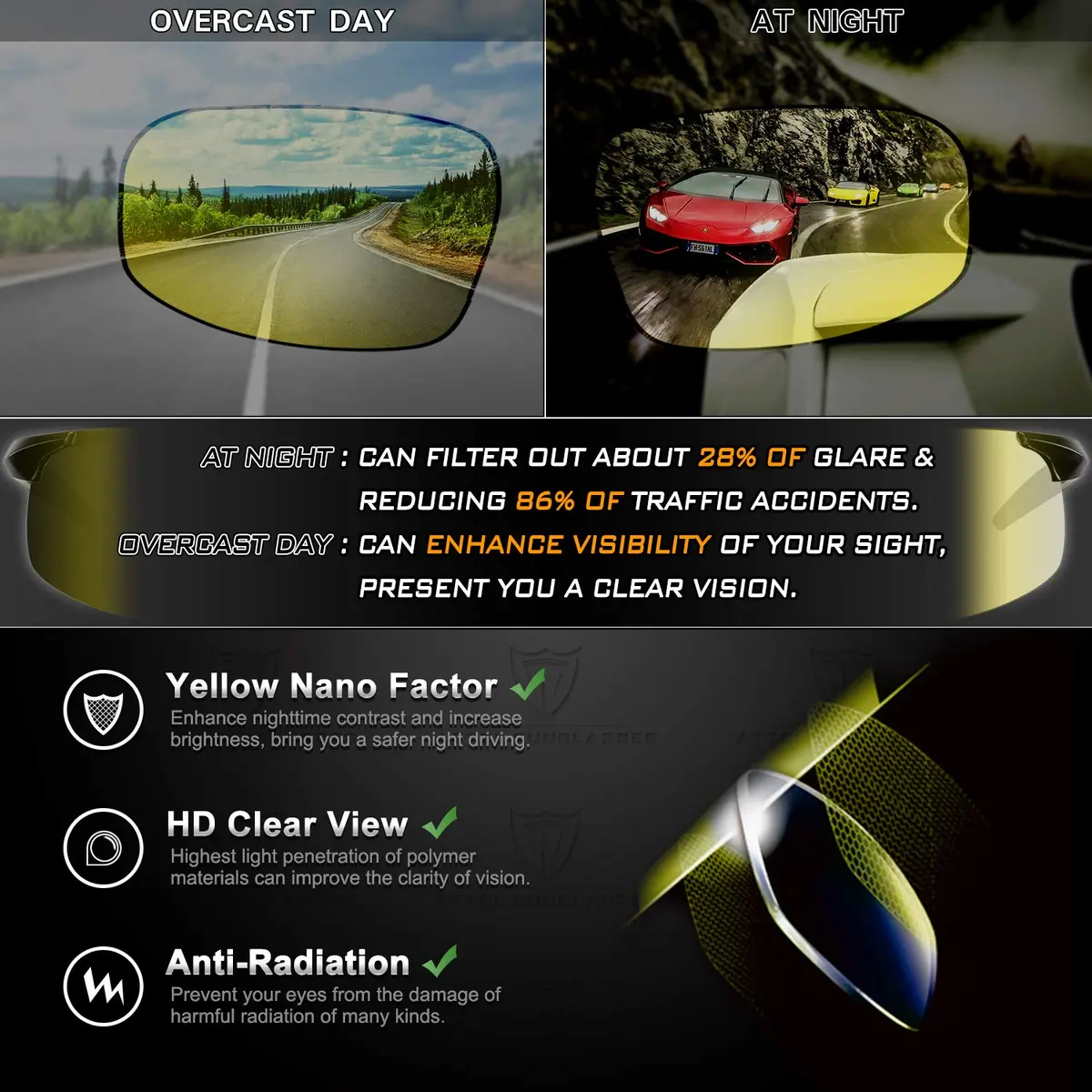 ATTCL Night Driving Glasses for Men & Women HD Yellow Lenses | Anti-Glare, Lightweight Metal Frame (135mm) | Night Safety - view 2